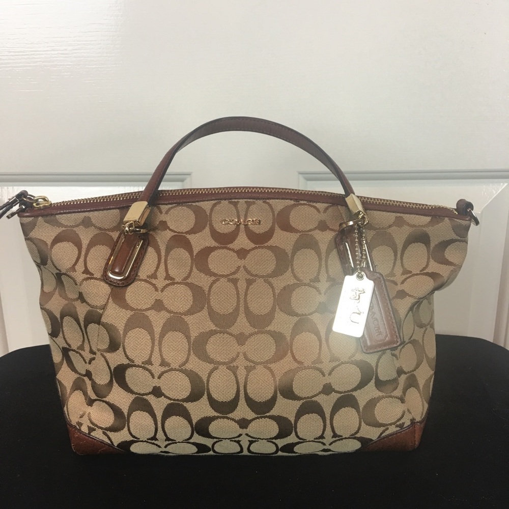 Coach bag with brown C fabric,brown leather accent